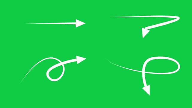 White Arrows In Curved Motion on Green Screen &ndash; Dynamic Direction, Path, And Flow Design, Marker Arrows, Hand Drawing Arrows.