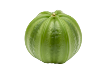 A vibrant, intensely green, spherical seed, exhibiting intricate, ribbed texture, is featured against a striking black backdrop.