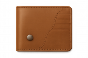Light brown leather wallet folded, revealing premium craftsmanship and sleek minimalist design against transparent backdrop