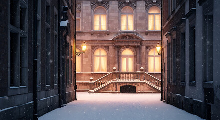 Snowy palace courtyard in winter evening