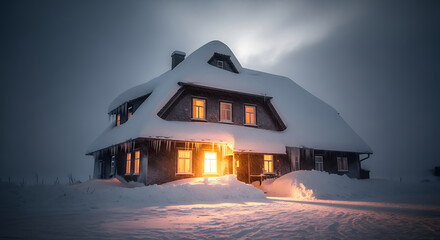 Snow covered house in winter at night with warm light