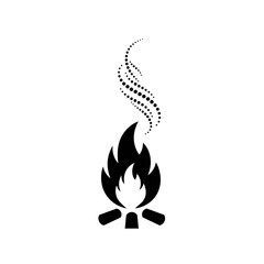 Minimalist black silhouette of a campfire with burning logs and stylized dotted smoke, isolated on a white background. A simple vector graphic icon representing warmth and nature