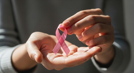 Hands holding pink ribbon – breast cancer awareness symbol