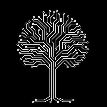 Abstract digital tree formed by glowing circuit board traces, symbolizing the organic growth of technology, artificial intelligence, and interconnected data networks