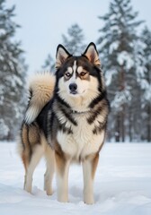 Fototapeta premium Majestic husky standing proudly amidst the winter forest landscape