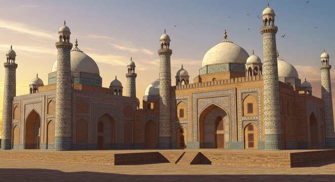 Cartoon style Uch Sharif tombs with bright sky