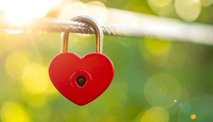 Heart-shaped padlock on cable, bokeh background