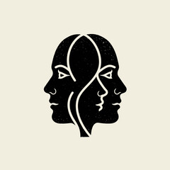 Two heads facing each other in profile, symbolizing duality and interconnectedness through flowing lines