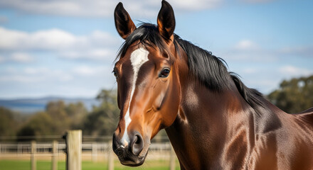 Obraz premium Majestic brown horse portrait with a white blaze in natural sunlight outdoor farm setting