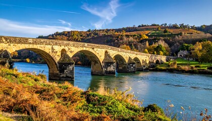 Naklejka premium Autumnal river bridge panorama