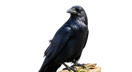 Black crow perched on a log isolated PNG with Transparent Background