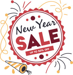 New Year Sale Badge with Red Banner and Fireworks – Festive Vector Design