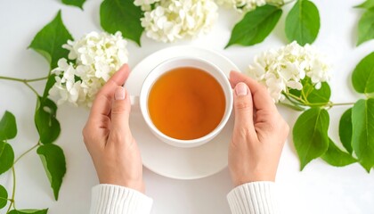 Hands holding a teacup with hydrangeas