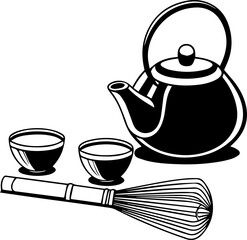 Traditional Tea Set with Bamboo Whisk Silhouette Line Art Illustration