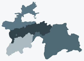 Map of Tajikistan with regions. Just a simple country border map with region division. Blue grey color palette. Blank Tajikistan shape with administrative division. Vector illustration.