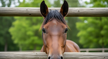A beautiful brown horse peers curiously over a rustic wooden fence in a serene pasture
