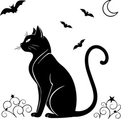 Vector Silhouette of a Black Cat and Bats on a Halloween Night