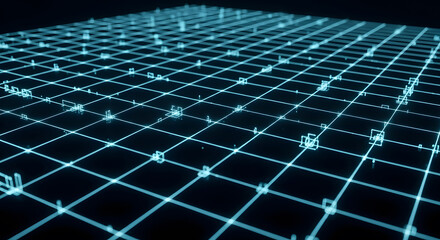 Abstract digital grid with glowing lines representing data networks and technology