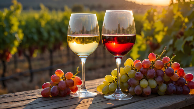 Two wine glasses filled with red and white wine set on a table with grapes in a vineyard at sunset