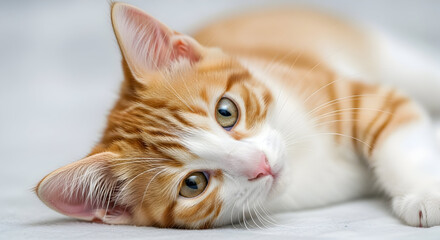 Adorable orange tabby cat lying down with soft fur and captivating green eyes