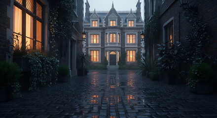 Elegant mansion on rainy cobblestone street at night