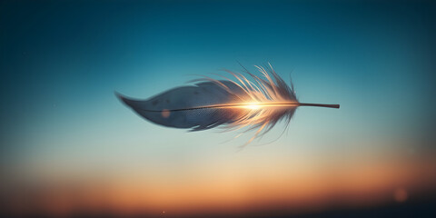 close-up of a delicate feather glowing softly at twilight, drifting gently in the wind, surrounded by faint particles of starlight, poetic closing shot, cinematic fine art
