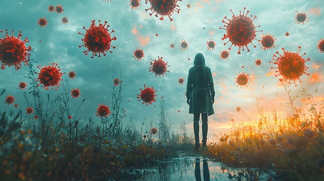 A solitary figure stands facing a sky filled with virus particles during a dramatic sunset symbolizing resilience against a global health crisis - Powered by Adobe