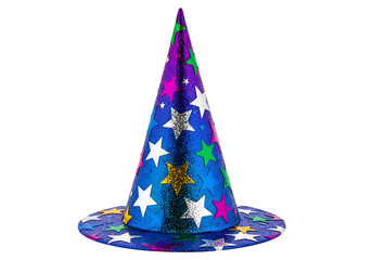 Fototapeta premium A vibrant blue wizard's hat, adorned with colorful stars, is presented against a black backdrop.