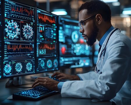 A focused doctor in a lab coat analyzes complex scientific data on multiple glowing computer screens