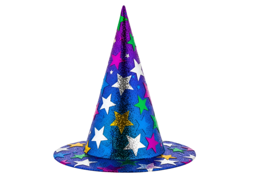 A vibrant blue wizard's hat, adorned with colorful stars, is presented against a black backdrop.