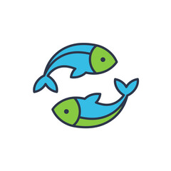 Minimalist flat icon representing the Pisces zodiac sign. An astrological horoscope concept with two colorful fish swimming in a circle