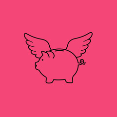 A simple outline illustration of a flying piggy bank with wings, symbolizing concepts like soaring investments, wealth growth, or the idiom when pigs fly