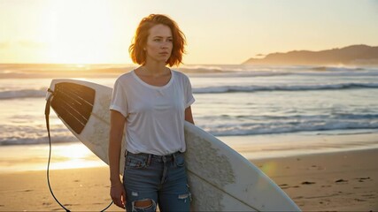 A woman surfer holding a surfboard on the beach at sunset. Looking out at the ocean waves during golden hour. Contemplative surfing lifestyle and adventure concept. - Powered by Adobe