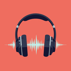 Vector illustration of over-ear headphones with a vibrant audio sound wave graphic, symbolizing the concept of listening to music, podcasts, and digital media entertainment