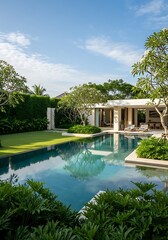 Fototapeta premium Serene tropical villa with turquoise pool reflecting skies tranquility