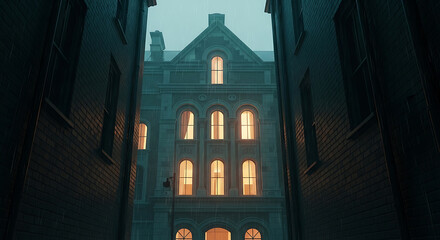 Old building in rainy city alley at night