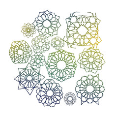 A collection of intricate Islamic geometric patterns with a blue, green, and yellow gradient texture.