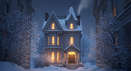 Victorian house in winter night with snow
