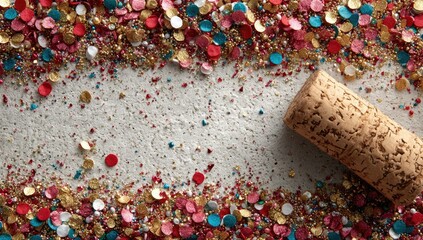 Fototapeta premium Festive confetti border surrounds a cork on a light gray surface