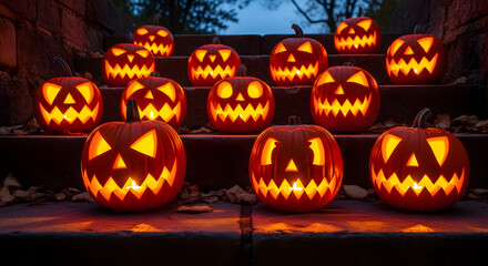 Photorealistic Candlelit Jack-O-Lanterns on Stone Steps with Warm Glow and Shadows