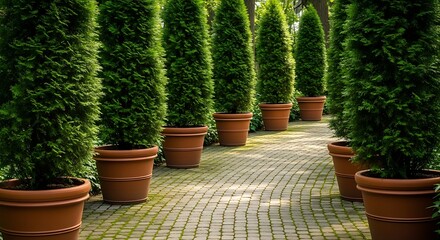 Fototapeta premium Terracotta Pots Line Brick Path with Evergreen Trees.