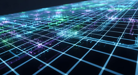 Dynamic digital network with glowing lines conveys data processing and technology concepts