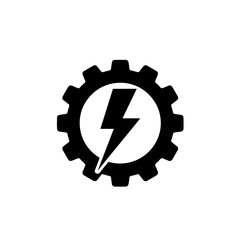 Monochrome vector icon combining a gear and a lightning bolt, symbolizing industrial power, electrical engineering, and energy production