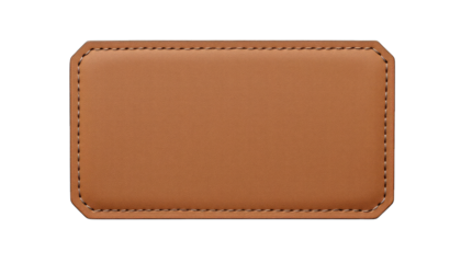 Plain rectangular brown leather tag with white stitching and rounded corners isolated on a transparent background