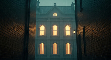 Rainy night in old town alleyway with building