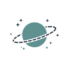 Minimalist graphic illustration of a stylized celestial ringed planet with sparkling stars, representing space, astronomy, and cosmic exploration in a modern design