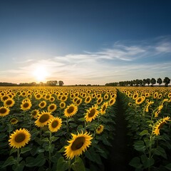Fototapeta premium Golden field of sunflowers stretching to the horizon under clear sky