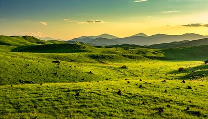 Obraz premium Lush Green Hills Bathed in Golden Sunset Light.