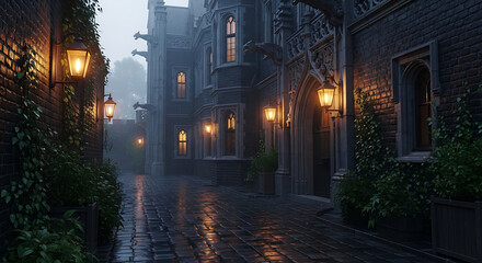 Dark castle alleyway with glowing lanterns in the fog