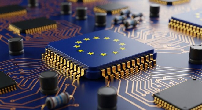 European Semiconductor Industry Microchip with EU Flag Symbolizing Technological Advancement - Powered by Adobe